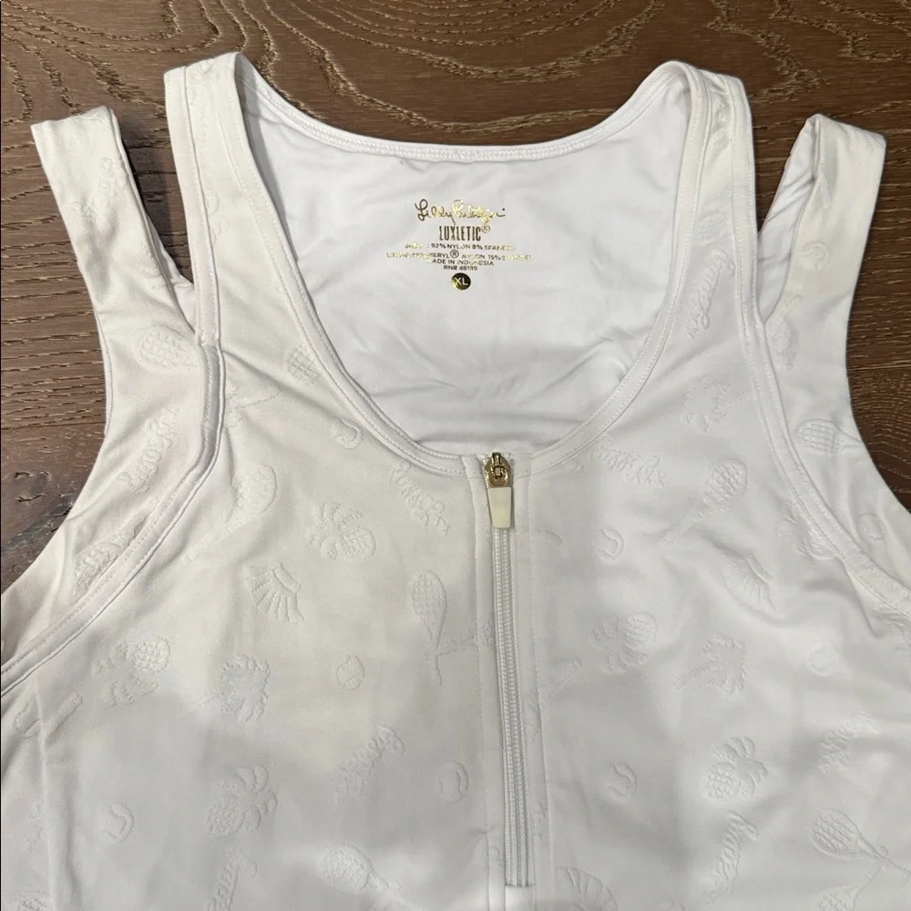 Lilly Pulitzer Luxletic XL White Embossed Tennis Dress | Ruffle Hem | Zip Front - Picture 2 of 6
